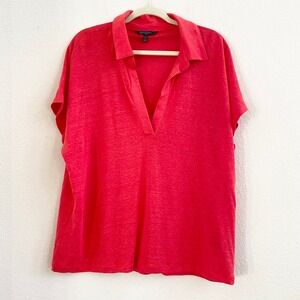 Banana Republic Womens Red 100% Linen V-Neck Polo Shirt Short Sleeve Size L